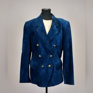 Vintage Danier Teal Blue Suede Leather Blazer Jacket Made in Canada‎ Gold Detail